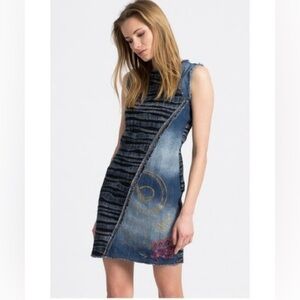 Desigual Blue and Black Denim Mini Artistic Embroidered Dress Sz L